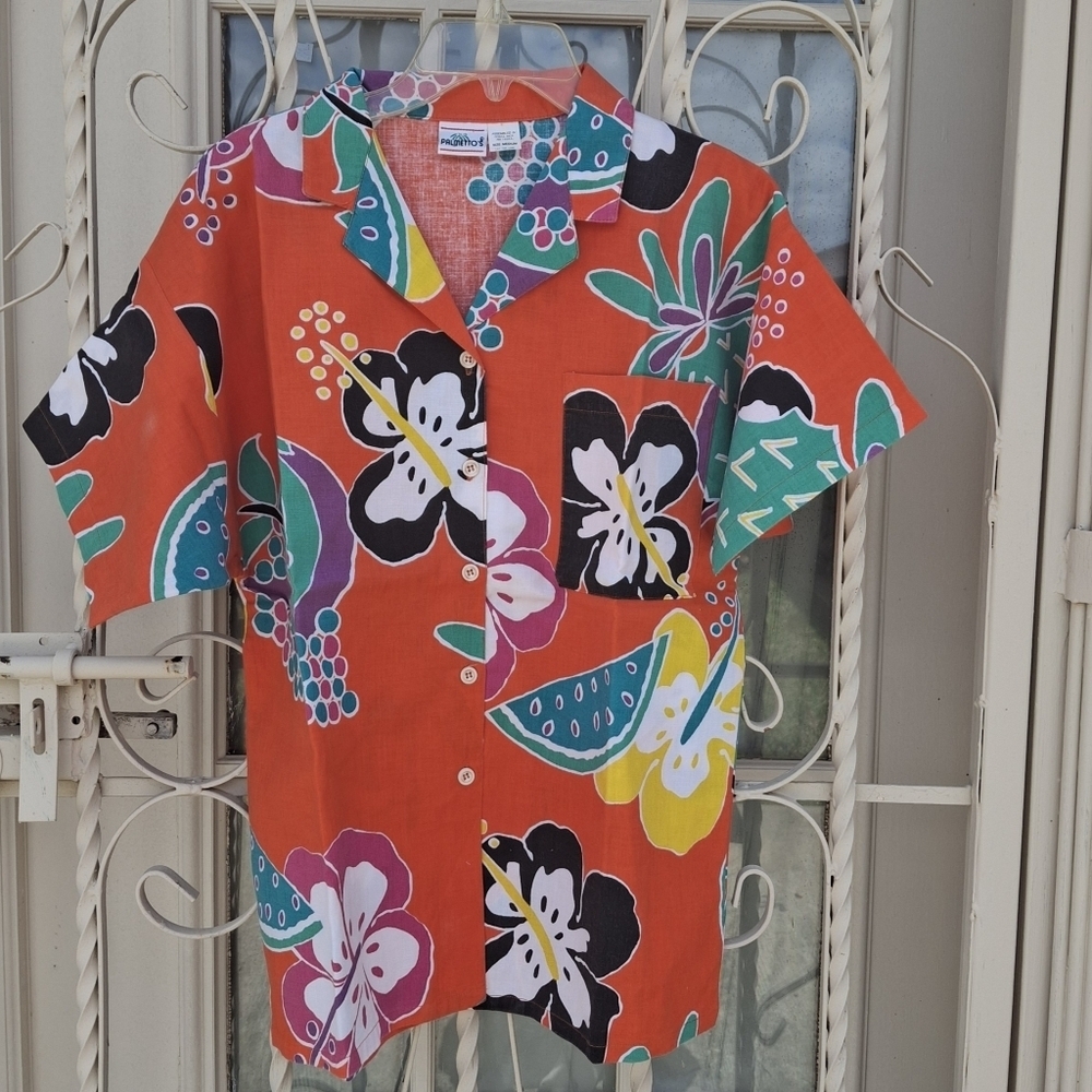 Palmetto's Hawaiian Orange Button Short Sleeve Summer Blouse Women Size Medium - Picture 5 of 11